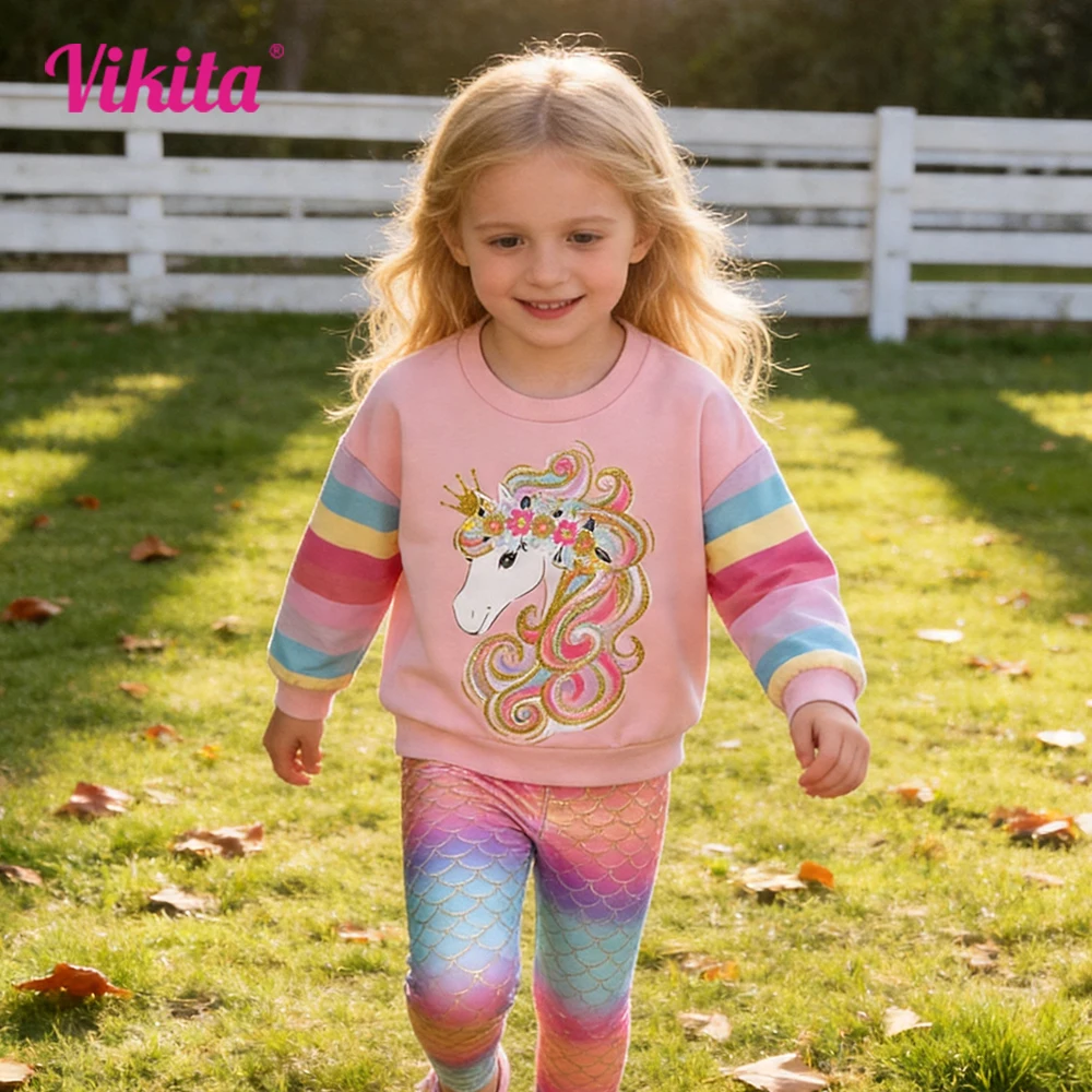 VIKITA Mädchen Cartoon Rosa Outfits Kinder Regenbogen Gestreiftes Baumwoll-Sweatshirt und Bunte Leggings Kinderkleidung 2-teiliges Set