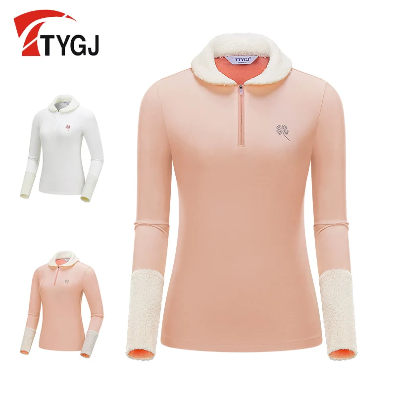 TTYGJ women's golf long sleeved T-shirt with plush collar, autumn quick drying sports top, slim fit and slimming golf uniform