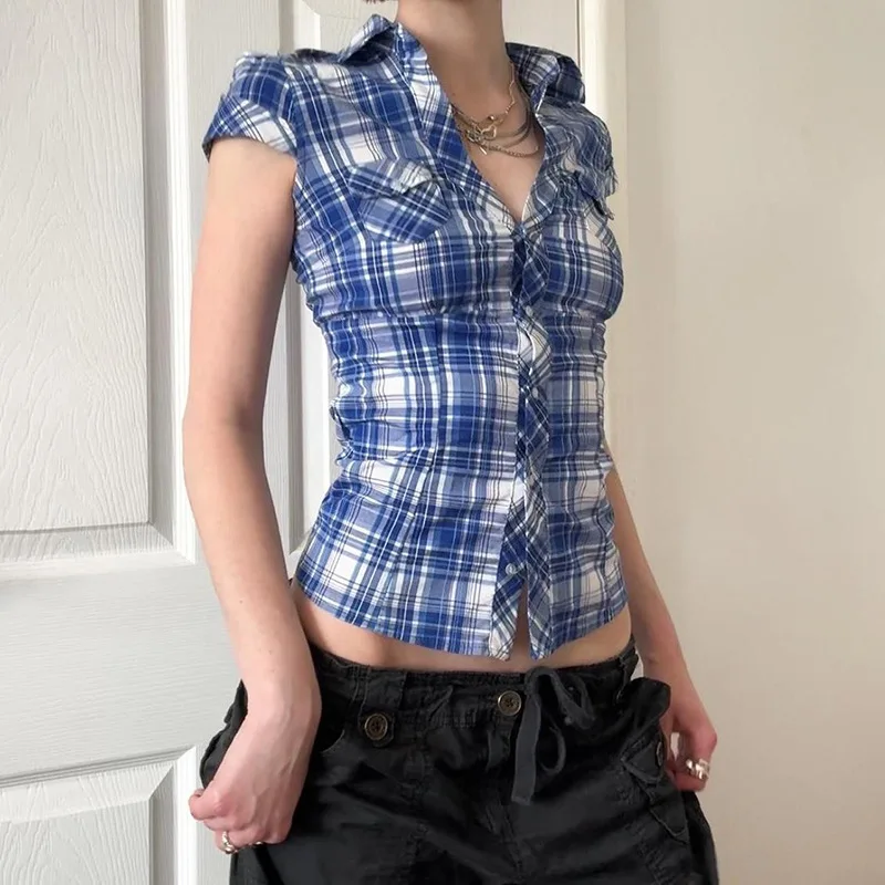 

2026 Ladies England Style Retro Plaid Print V-neck Single Breasted shirt Casual Patchwork Slimming Hot Girl Top NEW