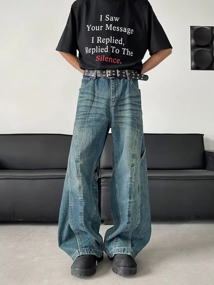 2025 Trashy Y2K Mode gewaschen blau gespleißt Baggy neue Jeans Hosen für Männer 90er Jahre Vintage Kleidung weites Bein gerade Denim Hose – Detail 11
