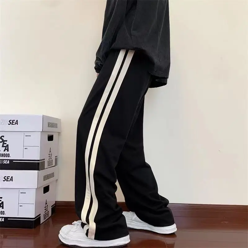 Trend Versatile Straight Sports Pants Men Patchwork Side Stripe Elastic Waist Drawstring Pocket Casual Student Wide Leg Trousers