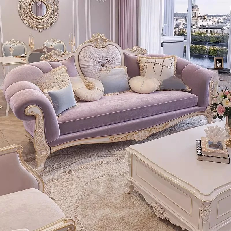 

French Light Luxury Court Solid Wood Carving Flower Fabric Sofa Living Room Large Apartment Three-person Combination