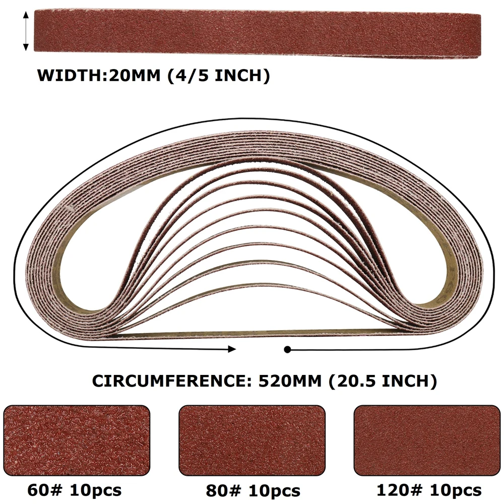 10/20/50pcs 20x520mm Premium Aluminium Oxide Sanding Belts  Sandpaper Grit 60# 80# 120# For Wood Soft Metal Grinding Polishing