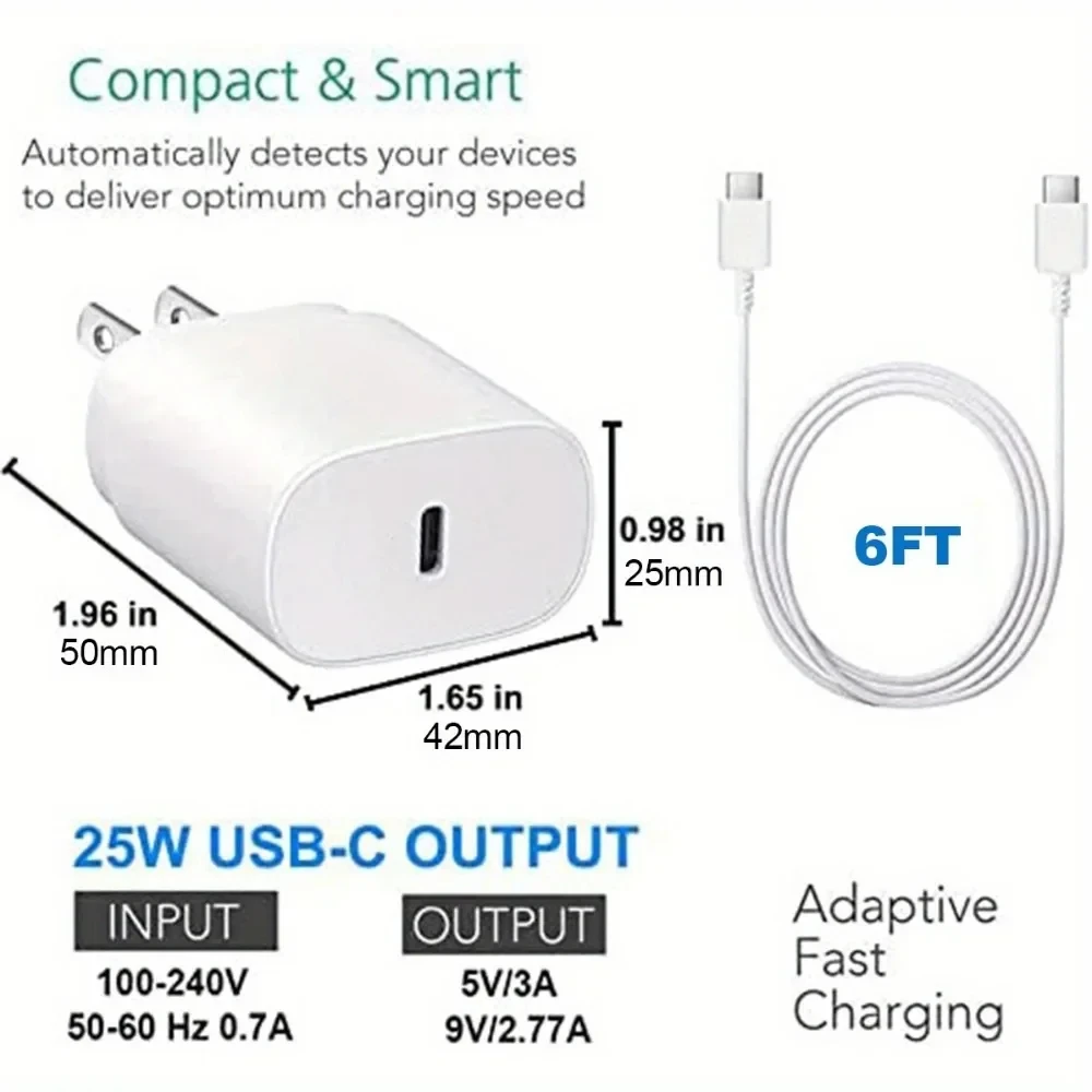 2-Piece Type C, 25W Charger with 6.6ft USB C Charging Cable for Multiple Phone Types, Fast Charger for Android Phones