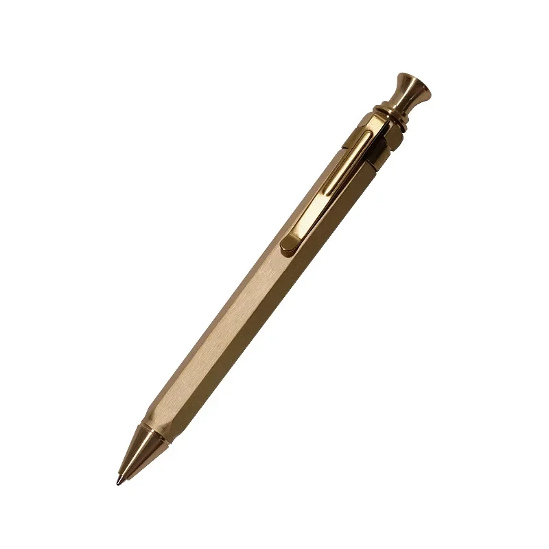 1PCS Luxury brass pen, hexagonal design, twist, retractable ball pen, office, school, stationery, gift box B