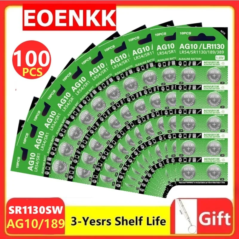 100pcs AG10 1.55V Button Batteries LR1130 389A 198 LR54 189 LR54 Cell Coin Alkaline Battery SR54 389 189 For Watch Computers