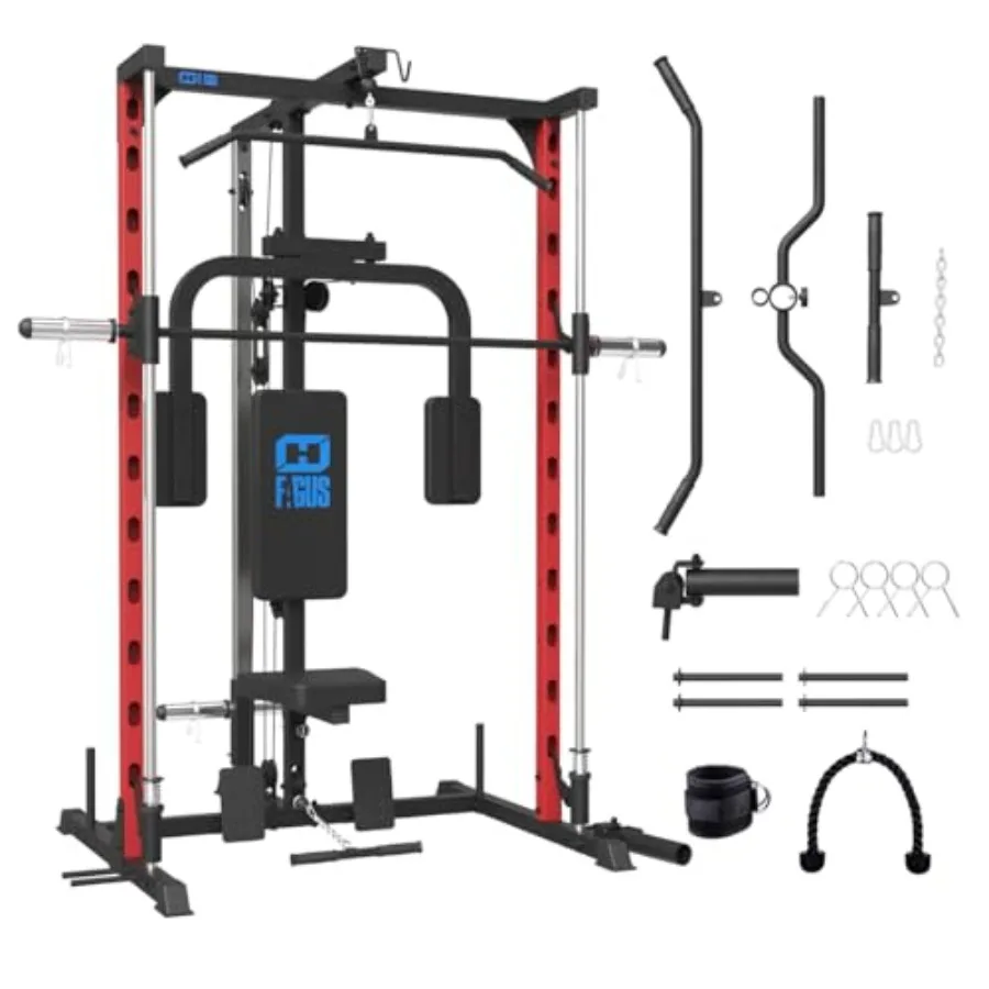 

Home gym squat rack with pulley system steel frame black finish space-saving design for full-body strength training including P