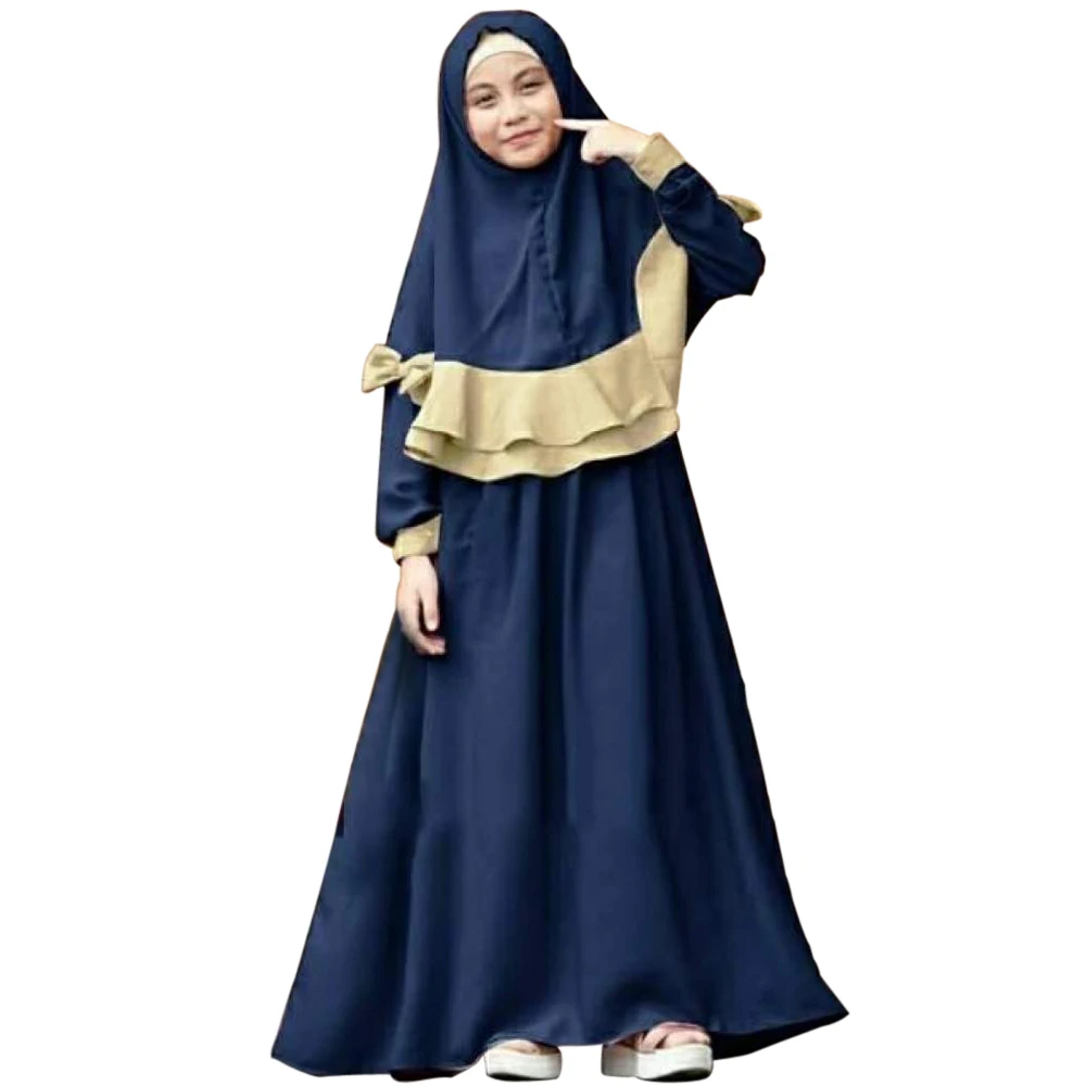 Muslim girls spring and autumn long-sleeved color matching lotus leaf lace dress + bow headscarf two-piece children's clothi