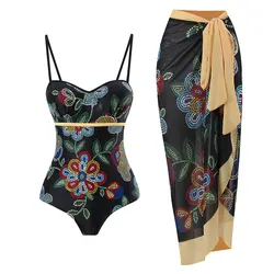 2026 Printed Swimsuit Women One Piece With Beach Skirt Push Up Swimwear Bathers Bathing Suit Beachwear Swimming Summer Bodysuit