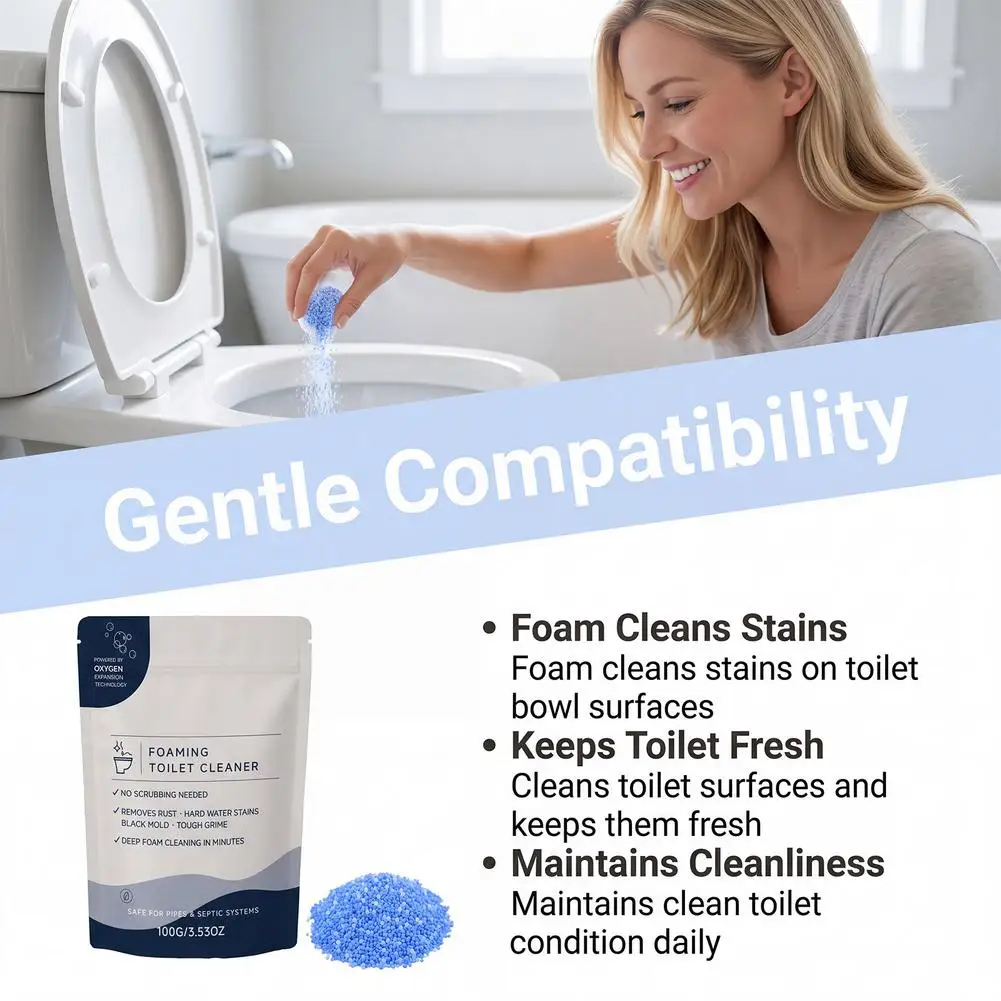 100g Foaming Toilet Cleaner Powder, No Scrub Oxygen Bubble Cleaning Granule for Rust Stain Mold Removal, Pipe Safe Lemon Scent