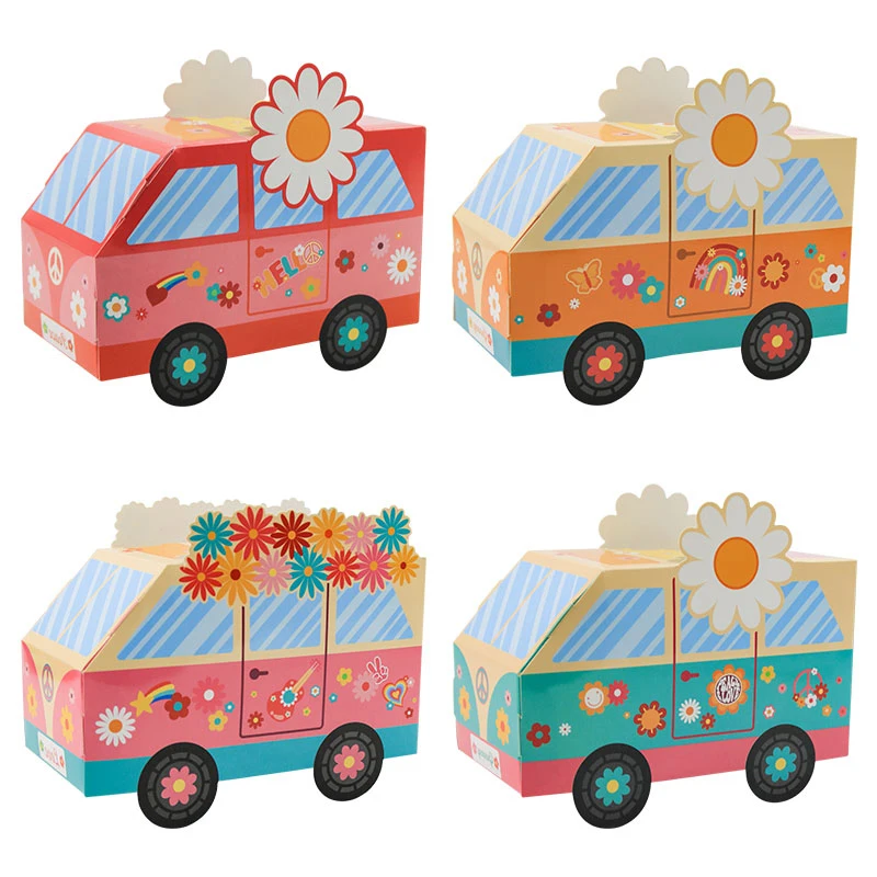 12/24 Stück groovige Party-Geschenkboxen, groovige Hippie-Friedensbus-Mittelstück, Geburtstagsparty-Dekorationen, Geschenkbox