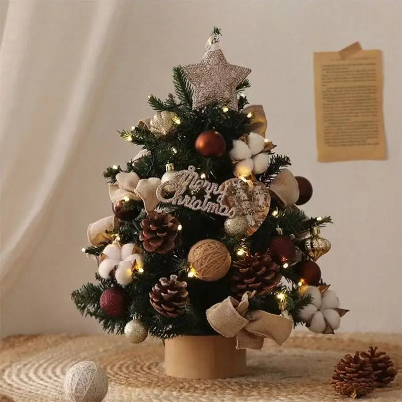 Small Artificial Christmas Tree with Warm Light String, Pinecones, Cotton & Vintage Ornament Balls, Wooden Base Desktop Home Chr