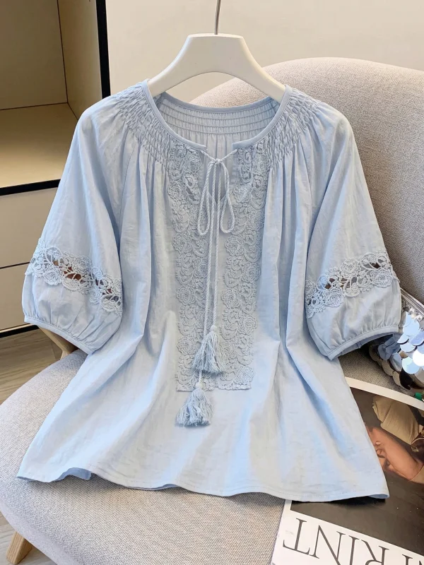 

Light Blue Crochet Hollow out Short Sleeve Shirt Women's Summer New Style plus Size Doll Shirt Super Cute Top Korean Style