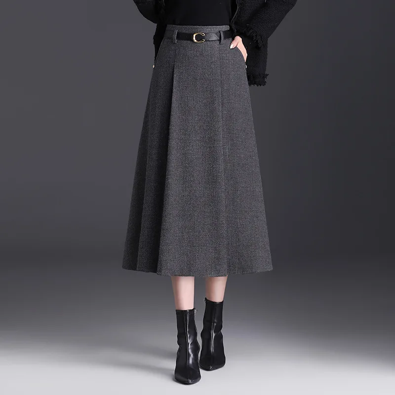 

#1645 Black Gray A-line Skirt Women Belt Split Joint High Waisted Midi Skirt Ladies Office Lady Korean Fashion Autumn Winter