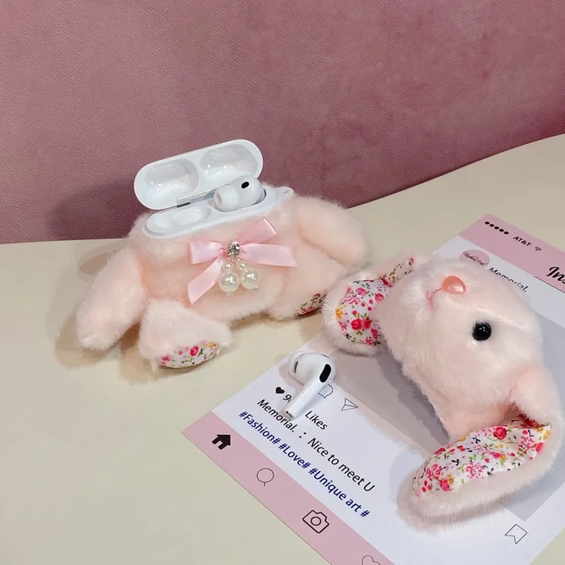 Cute 3D Fluffy Bunny Case for Airpods 4 3 2 1 Pro 2 Pro 3 Soft Plush Cover with Floral Ears & Pearl Bow Shockproof Kawaii Gift view 6
