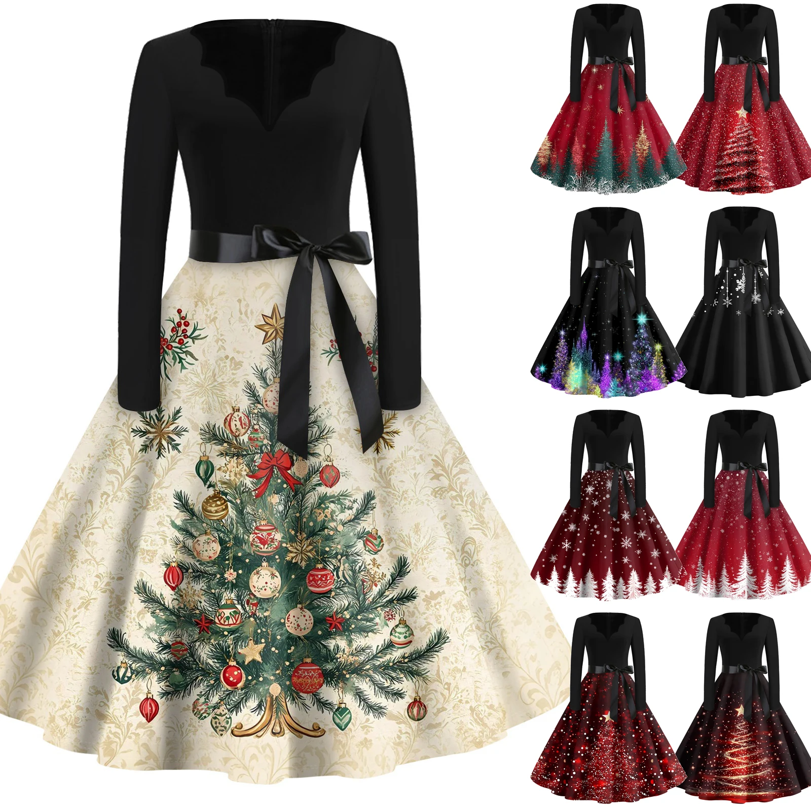เดรสคริสต์มาสพิมพ์ลายสำหรับผู้หญิง เอวสูง ทรงเอ แฟชั่นลำลอง แขนยาว คอวี สำหรับงานปาร์ตี้ ชายกระโปรงบานใหญ่ แต่งโบว์