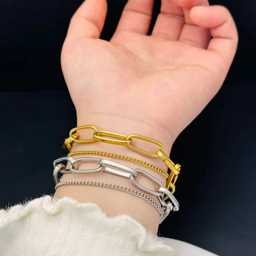 Stainless Steel Personality Gold Color Double Layer Thick Bracelet for Women Men New Trend Hip Hop Rock Bangle Jewelry Colorfast