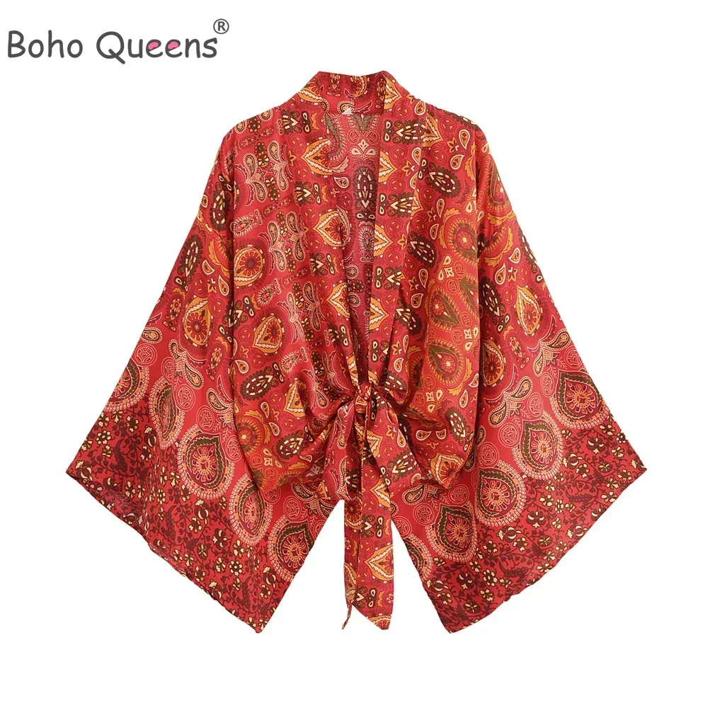 Boho Queens Women Short Robe Swimsuits Kimono Fashion Red Floral Batwing Sleeves Rayon Bohemian Bikini Cover Ups Beachwear