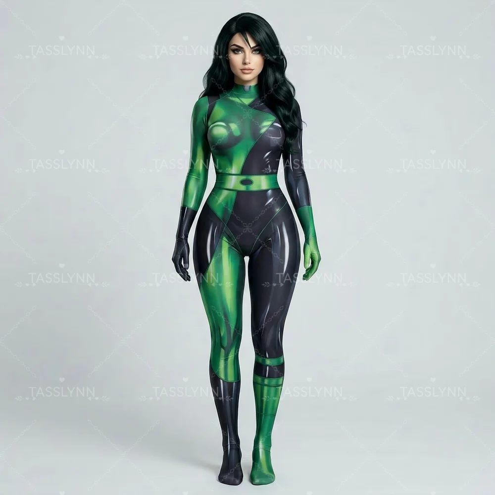 Shego Cosplay Black Green Full Body Jumpsuit Superhero Villain Costume for Halloween Superhero Villain Costume Zentai Bodysuit view 2