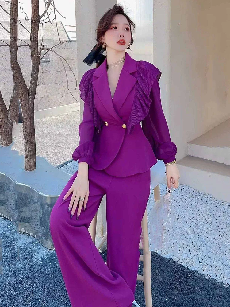 

2024 Summer Small Fragrance Two Piece Set Women Long Sleeve Shirts Tops High Waist Wide Leg Pants Office Ladies Suit