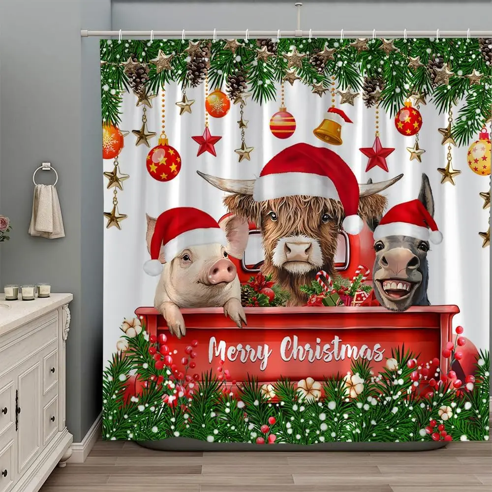 

Funny Christmas Shower Curtain Cute Highland Cow Pig Donkey Red Truck Farm Calf Cattle Xmas Ball Pine Tree Western Animals