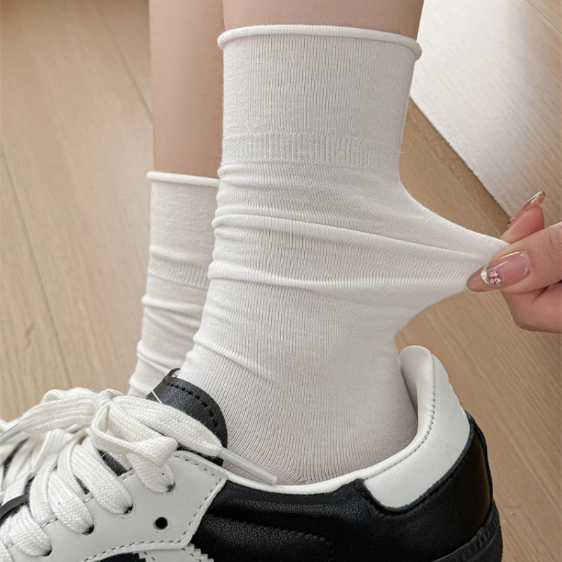 Women Socks Japanese Fashion Cotton Thin Breathable Long Socks Women Korean Style Casual Solid Color Black White Gray Socks Sox