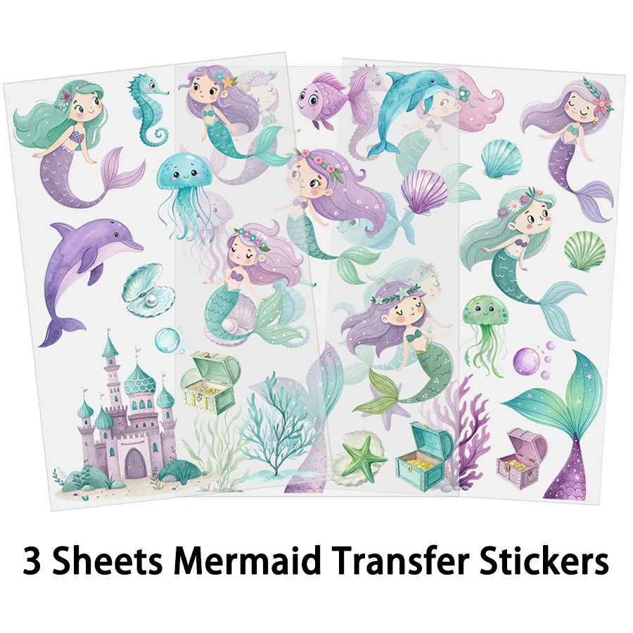3pcs Cute Mermaid Sea Animals DIY UV DTF Rub On Glass Cup Wrap Transfer Sticker Crafts Tumbler Glass Coffee  Mug Card Gift Decor