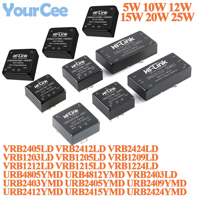 DC-DC 25W/20W/15W/12W/10W/5W Isolated Regulated Power Supply Module 48V/24V/12V to 3.3V/5V/9V/12V/15V/24V URB4812YMD VRB1205YMD