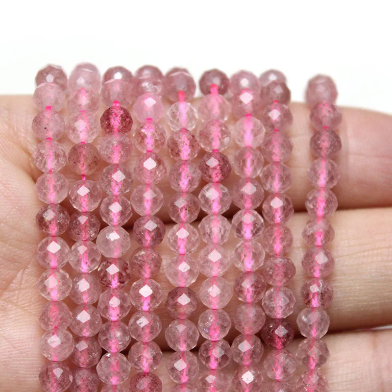 Cuentas redondas facetadas sueltas de cristal de fresa rosa de 2-4Mm, accesorios de joyería DIY, cuentas de cristal para pulsera