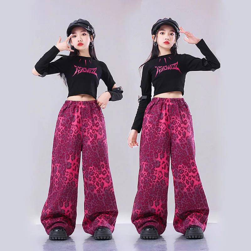 

Kid Hip Hop Clothing Black Crop Top T Shirt Pink Leopard Ruched Shorts Leg Warmer Wide Pants for Girl Jazz Dance Costume Clothes