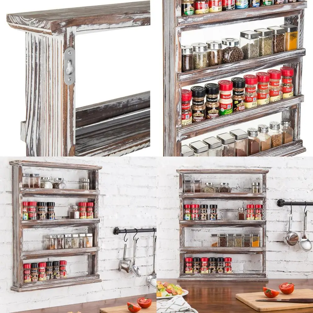

Винтажная 4-ярусная деревянная полка для специй с настенным креплением, органайзер для полки для банок с приправами в деревенском стиле для кладовой