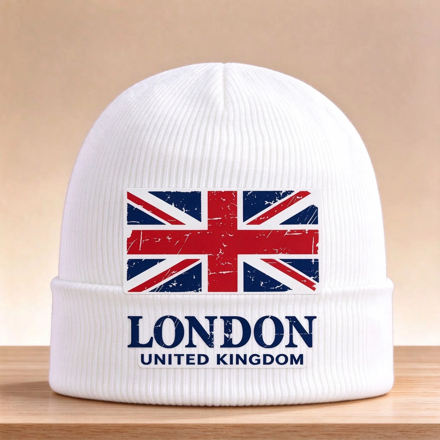 2026 Winter Cuffed Beanie Cap Distressed UK Flag With LONDON Text Pattern Print Warm Stylish Streetwear Headwear for Men Women