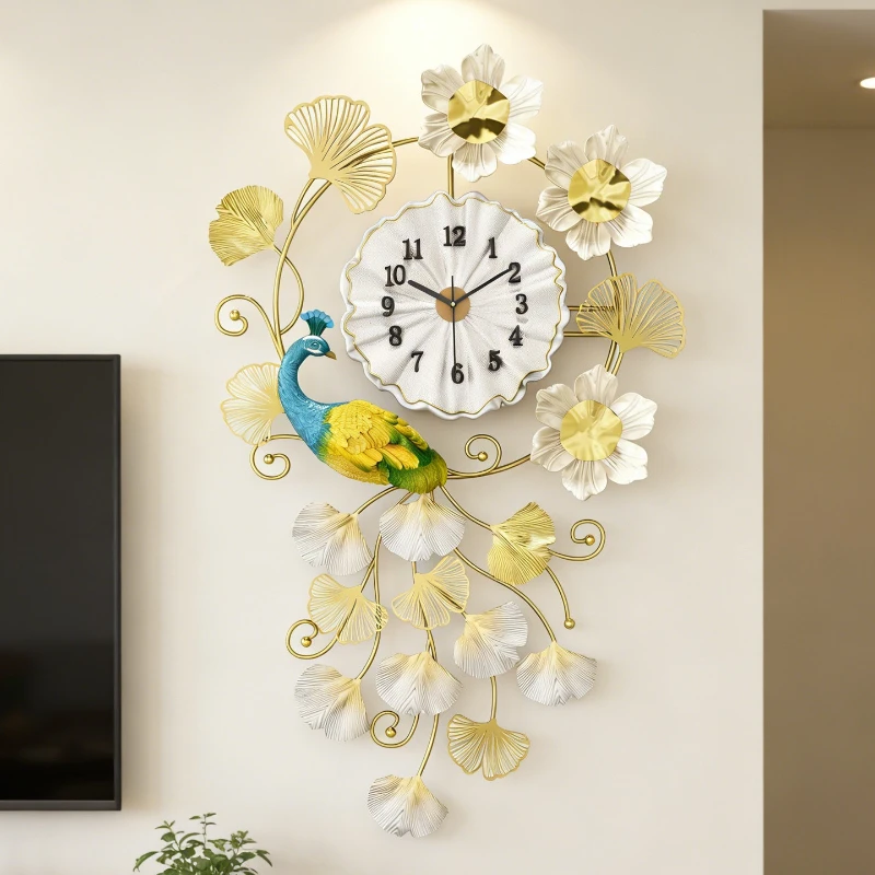 three-dimensional Wall clock interior decoration Light luxury peacock clock Wall Metal craftsmanship wanduhr home furniture