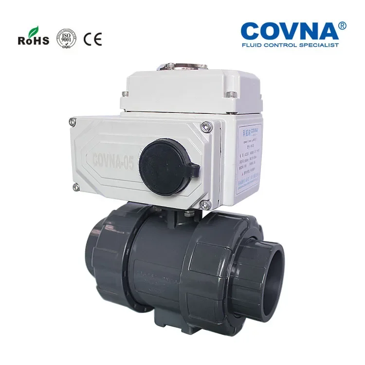 COVNA 2 Way 12V 24V 220V Mini Electric UPVC Ball Valve DC Motor Operated PVC Double Union Ball Valve Electric PVC Valve