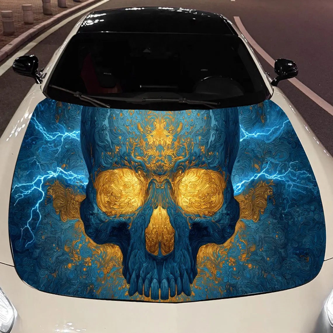 

Dark Lightning Blue Skull Car Hood Vinyl Wraps Sticker, Fashionable Auto Cover PVC Decal, Waterproof Self-adhesive Vehicle Decal