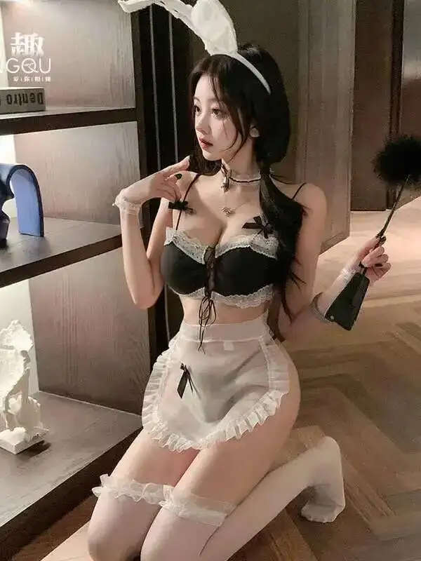 캐주얼 섹시 핫 쓰리포인트 메이드 세트 메쉬 레이스 시스루 스위트 미니 드레스 2025 신상 메이드 유니폼 드레스 우아한 한국 스타일 탑 T30P