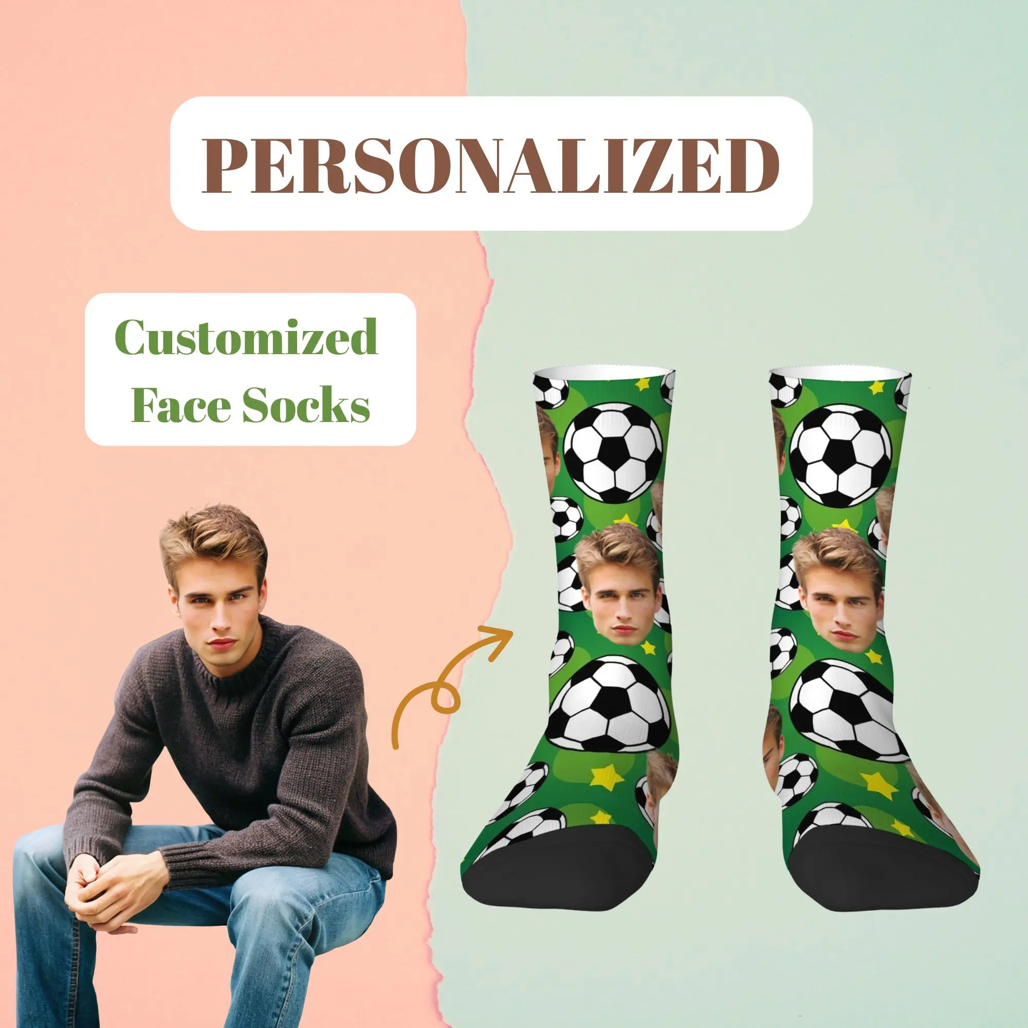 Soccer Theme Socks Custom Face Photo Socks Personalized Yellow Star Soccer Pattern Print Best Warm Heart Gift for Football Fans