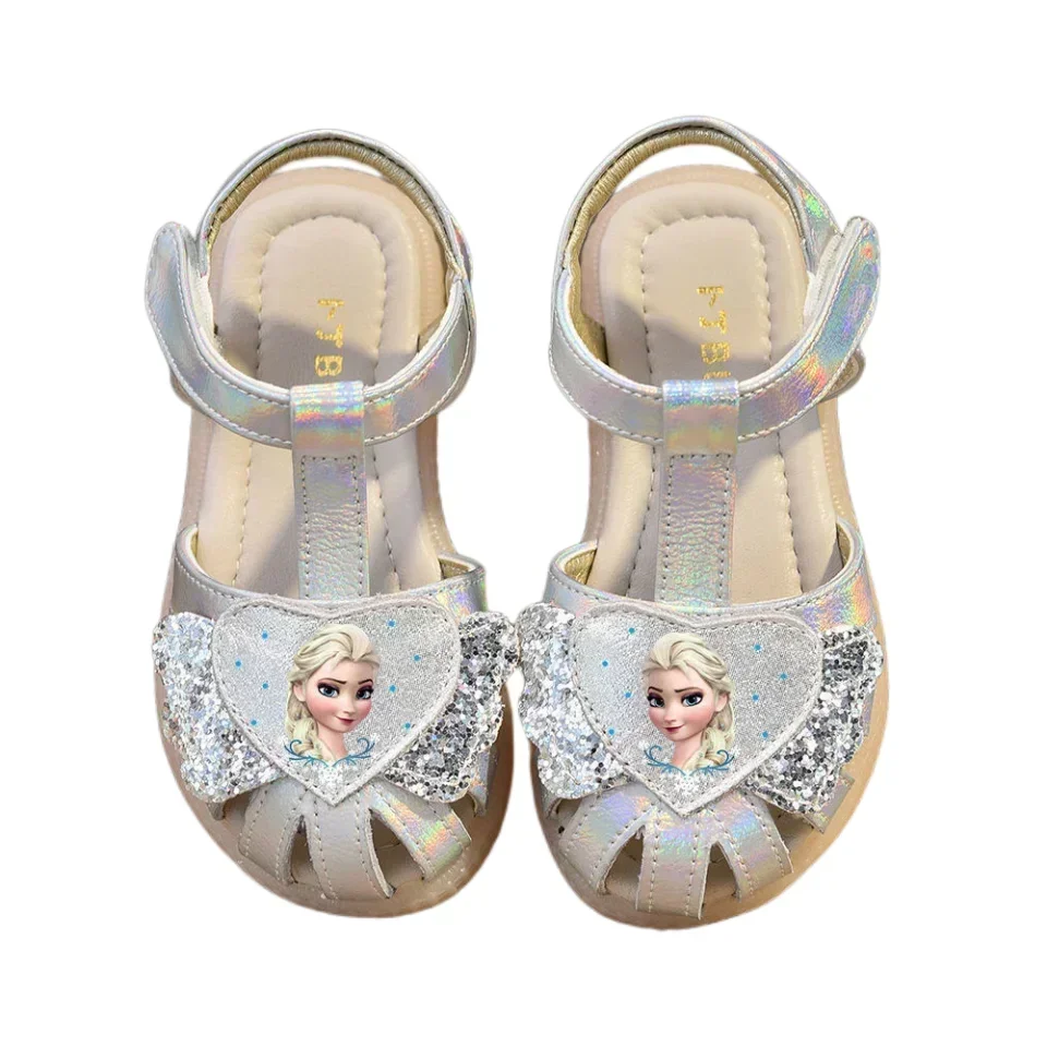 Disney Frozen Elsa Girls sandali 2024 estate nuove scarpe da principessa in vera pelle moda scarpe Casual scarpe da spiaggia per bambini taglia 23-36