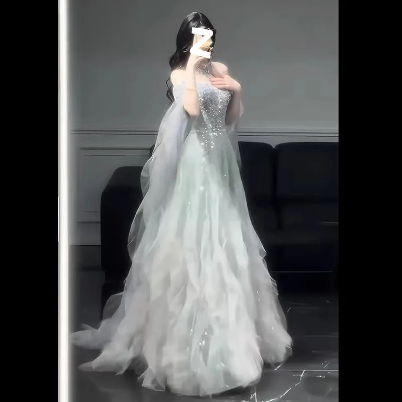 Nuovo abito da sera senza spalline con spalle scoperte azzurro di lusso di fascia alta per cerimonia di laurea, compleanno, ballo di fine anno per adulti