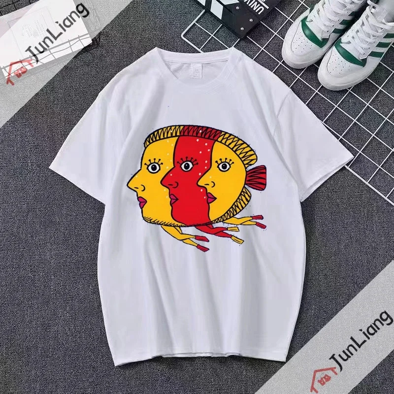 Discus-Streetwear masculino de peixe abstrato hip hop, camisas casuais soltas populares para jovens