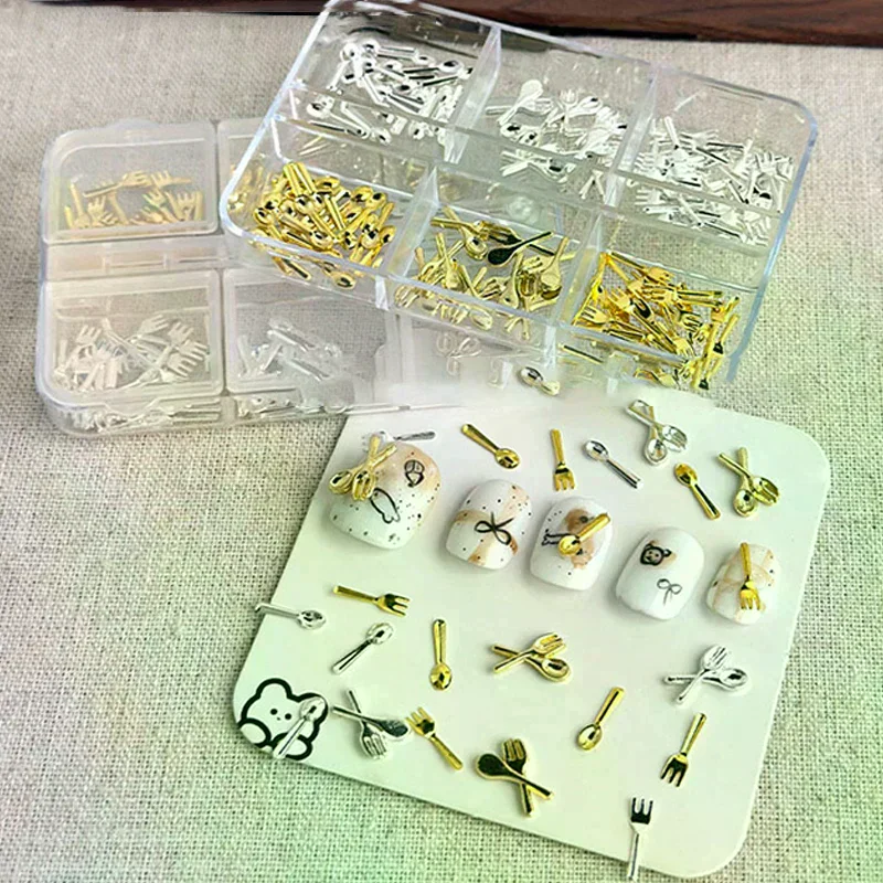 6-roosters/doos mix goud zilver mini-vorken lepels servies legering nail art strass decoraties manicure genezen bedels accessoires