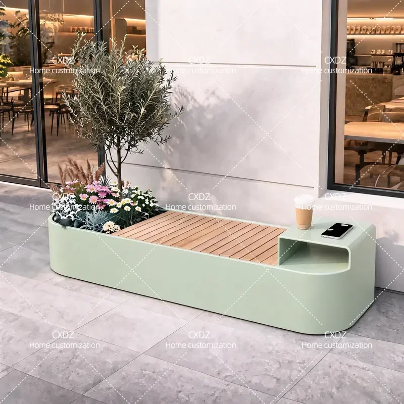 Stainless Steel Galvanized Wrought Iron Outdoor Planter Box with Table Seat Custom Flower Pot for Milk Tea Shop Store Green