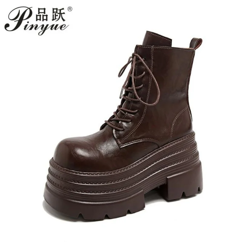 

Женские ботинки на платформе 10,5 см, готические кожаные панк-ботинки, короткие ботильоны на танкетке, массивные мотоциклетные ботинки, размеры 34-39