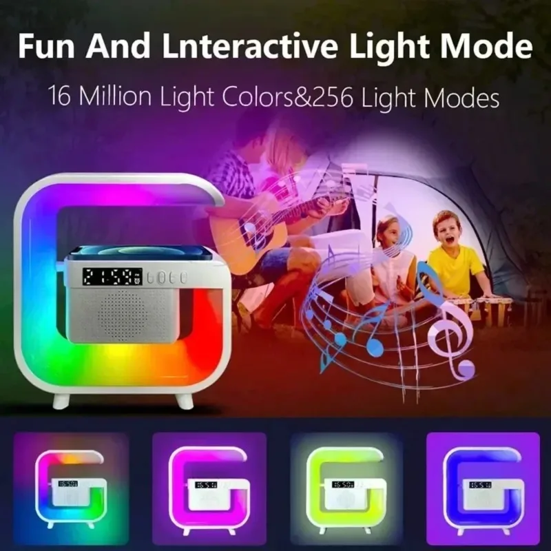All in One Wireless Charger with RGB Light Bluetooth Speaker Digital Clock G Shape Desktop Charging Station for All Smartphones