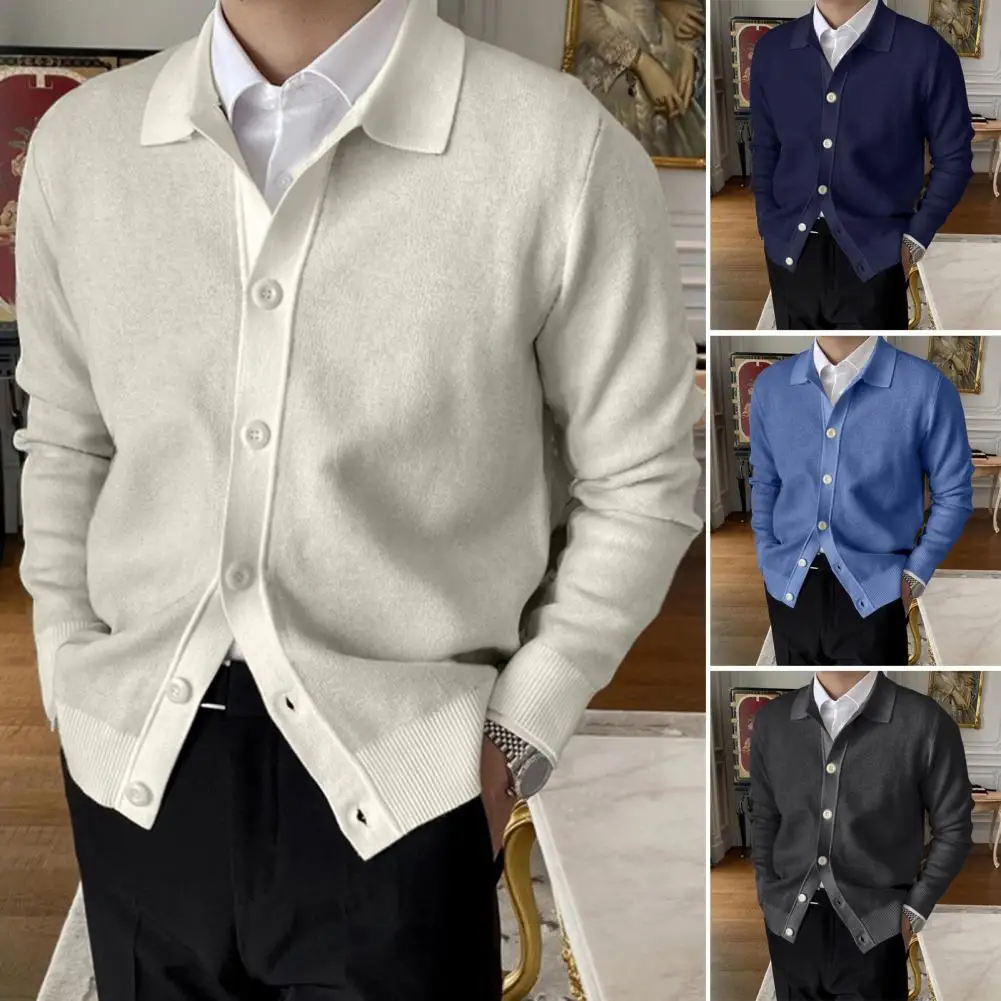 

Spring Autumn Men Solid Color Knitted Cardigan Lapel Long Sleeve Buttons Placket Simple Casual Coat Outwear