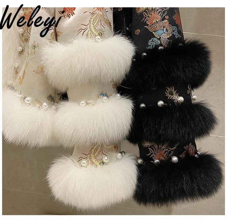 2024 Winter Chinese Style Imitation Fox Embroidery Short Faux Fur Coat Retro Women\'s Beaded Cotton Tang Clothes Fluffy Jacket