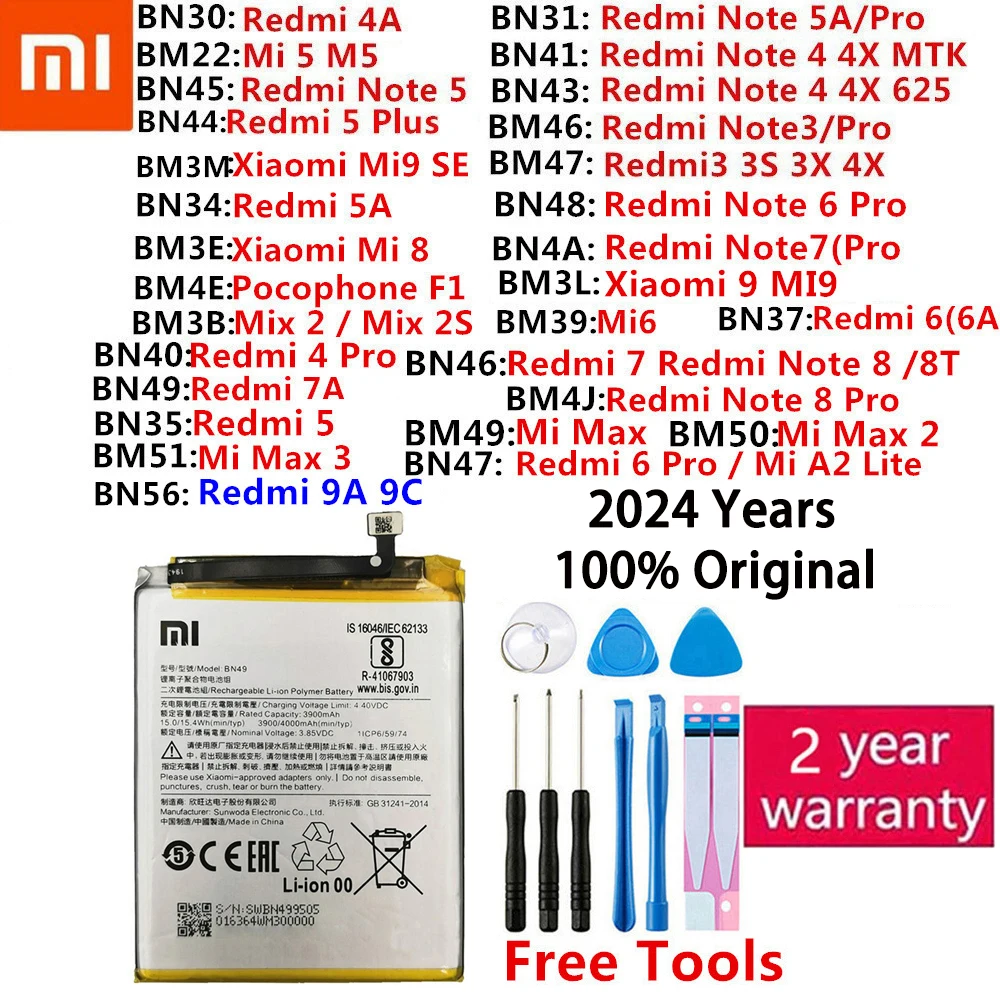 Original Battery Xiaomi Mi Redmi Note Max Mix 2 A2 3 3S 3X 4 4X 4A 5 5A 5S 5X M5 6 6A 7 7A 8 8T 9 Mi9 SE Pro Plus Lite batteries