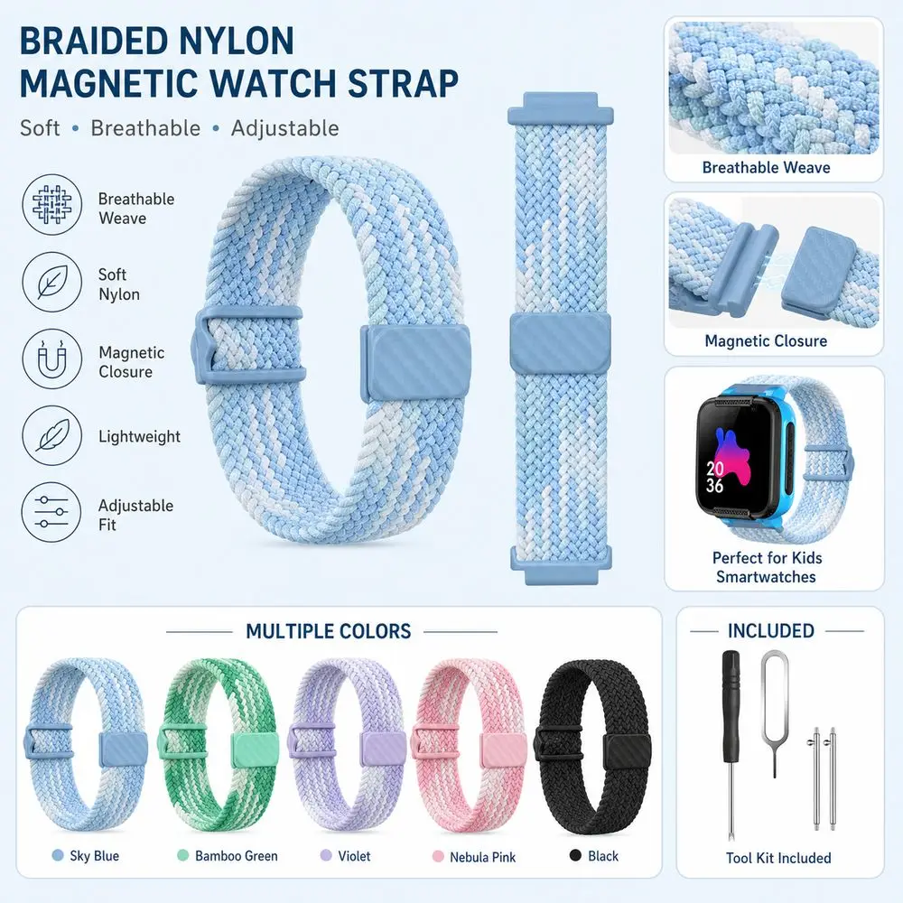Pulseira de Relógio Trançada Ajustável, Faixa Elástica Substituta para Relógios Inteligentes Xiaomi & Mitu R para Crianças