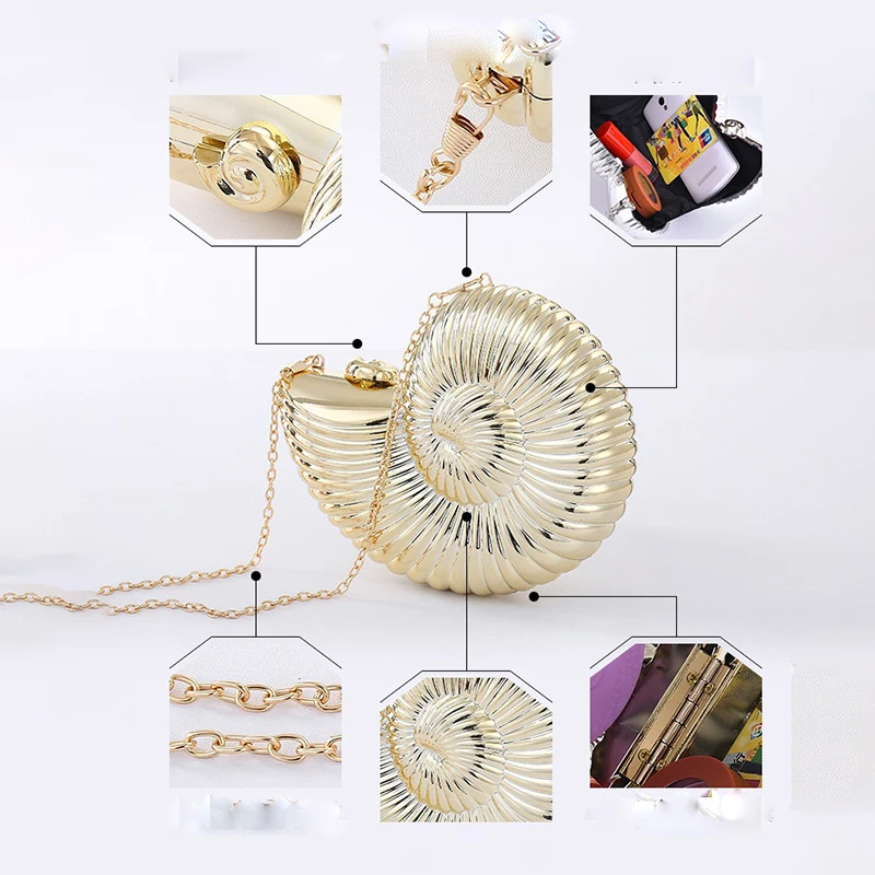 Gold Sliver Acrylic Shell Bag Party Wedding Snails Crossbody Bag for Women Conch Purse Zine Alloy Small Cute Chain Clutches 2024