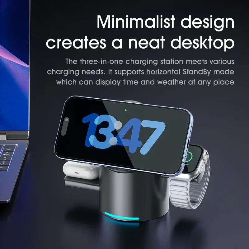 New Smart 15W Qi2 3 In 1 Magsafe Magnetic Autorotation Wireless Charger For iPhone iWatch Airpods Fast Charging Dock Station - Image 5